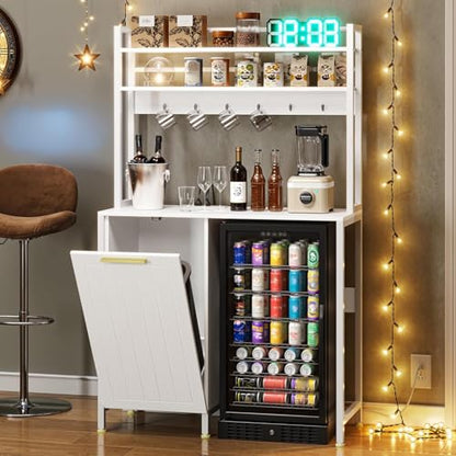 DWVO Fridge Stand with Tilt Out Trash Can Fit 10 Gallon | Storage Bakers, Kitchen Rack with Power Outlets, Freestadning Coffee Bar Cabinet, 3-Tiers Coffee Stand Station - style: Antique-White