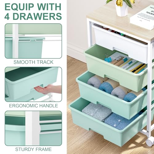 SYKIARIOL Rolling Cart with Drawers, 4-Drawer Utility Cart,Gradient Grey | Rolling Storage Cart with Drawers with Wooden Tabletop for Bedroom,Kid's Room,Dorm,Classroom,Office - color: Green