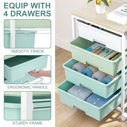 SYKIARIOL Rolling Cart with Drawers, 4-Drawer Utility Cart,Gradient Grey | Rolling Storage Cart with Drawers with Wooden Tabletop for Bedroom,Kid's Room,Dorm,Classroom,Office - color: Green