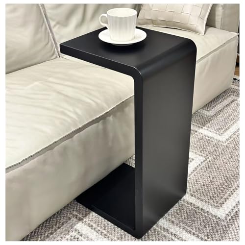 H27.2in C Shaped End Table, Black Solid Wood Sofa Side Table for Couch/ Bed/Living Room, Space-Saving Small Snack Table for Bedroom, Office, or Balcony, Wooden Nightstand for Laptop and Narrow Spaces - color: H 27.2″ - Black, size: 1