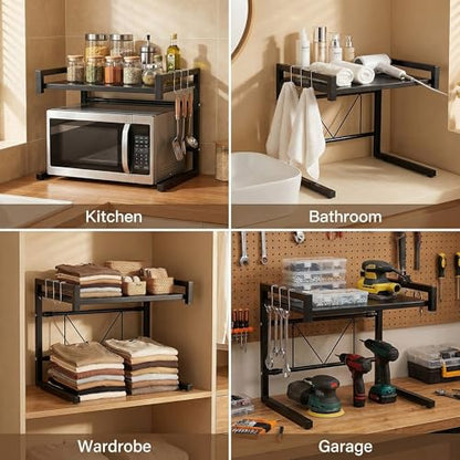 PUSDON Adjustable Carbon Steel Microwave Oven Rack, 2-Tier with 3 Hooks, 55lbs Weight Capacity, Black - color: Matte Black, size: C-frame 2 tier