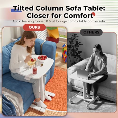 JOY worker Low Height Small Mobile Standing Desk, 90° Foldable Laptop Desk | Height Adjustable TV Tray Table, 21.65" White MDF Tilt Board, Portable Desk with Low Base & Hidden Wheels, Couch Sitting Use - color: White