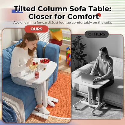 JOY worker Low Height Small Mobile Standing Desk, 90° Foldable Laptop Desk | Height Adjustable TV Tray Table, 21.65" White MDF Tilt Board, Portable Desk with Low Base & Hidden Wheels, Couch Sitting Use - color: White