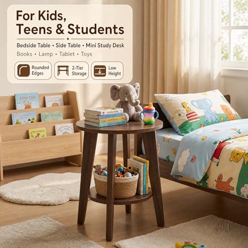 Small Round Side Table-17.7" Cute End Table with 2-Tier Storage | Waterproof Low Nightstand for Kids Room,Nursery,Small Spaces,Plant Stand&Bean Bag(Walnut)