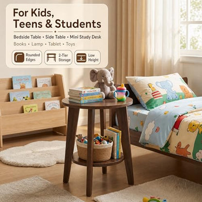 Small Round Side Table-17.7" Cute End Table with 2-Tier Storage | Waterproof Low Nightstand for Kids Room,Nursery,Small Spaces,Plant Stand&Bean Bag(Walnut)