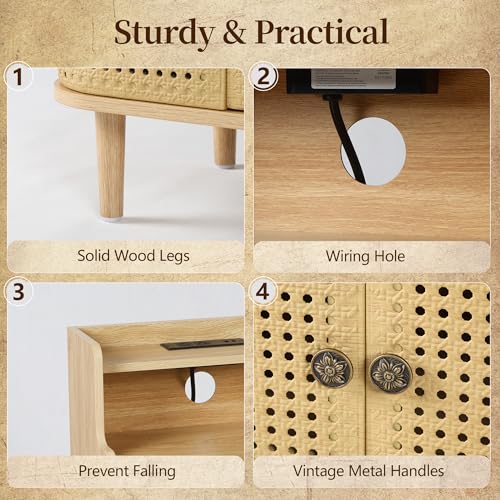 Storage End Table with 2 Door Set of 2, Bed Side Table with Charging Station, Metal Rattan Nightstand for Bedroom, Desk Side Table for Living Room Couch Sofa, Office, Small Spaces - Natural - size: Door Natural-set