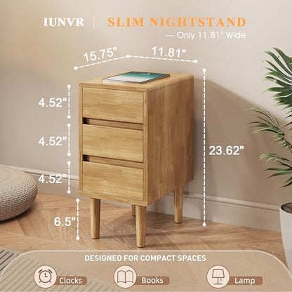 Nightstand with 3 Drawers Narrow Night Stand Solid Wood Bedside Table Mid Century Modern Nightstand Wooden End Table for Bedroom, Study, Office - color: Natural-3d, size: 15.75''×11.8''×23.62''