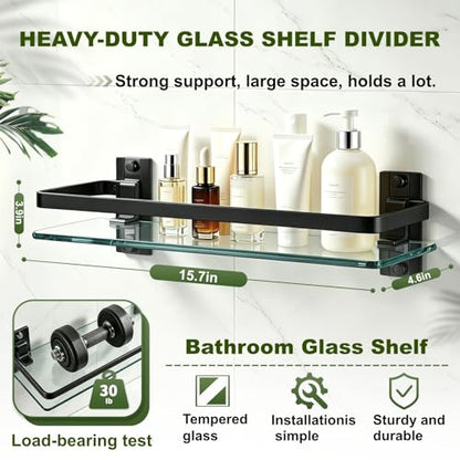 Bathroom Glass Shelf 15.7" Black Wall-Mounted, Floating Metal Storage Rack | 2 Pack Aluminum Tempered Glass 0.3in Extra Thick Rectangular，Space-Saving Design - color: Black 2 Pack