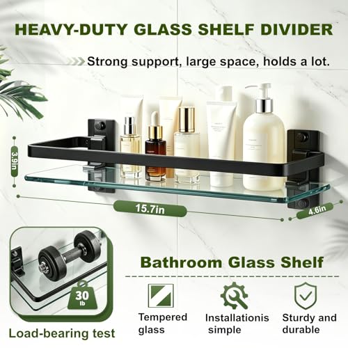 Bathroom Glass Shelf 15.7" Black Wall-Mounted, Floating Metal Storage Rack | 3 Pack Aluminum Tempered Glass 0.3in Extra Thick Rectangular，Space-Saving Design - color: Black 3 Pack