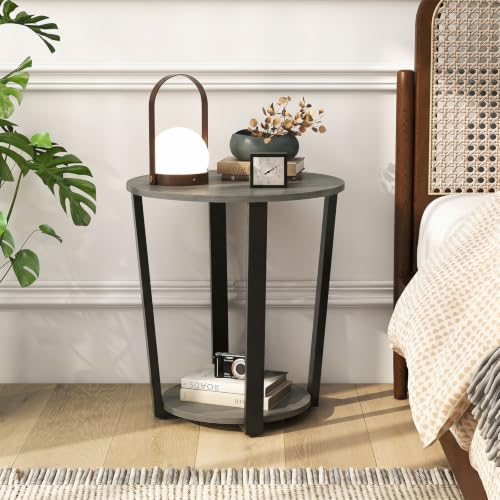 Giantex Round End Table, 2-Tier Side Sofa Table with Open Storage Shelf and Metal Frame, Industrial Nightstand Bedside Table for Living Room, Bedroom, Small Space, Accent Furniture (1, Oak) - color: Oak