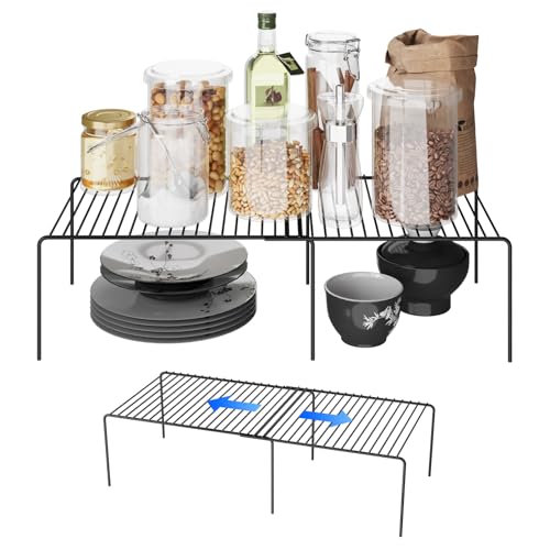 2Pack Expandable Storage Shelf, 13.5"~23" L x 9.4" W x 5.5" H, Black | Adjustable Rustproof Metal Wire Spice Rack, Space Saver Kitchen Storage Shelves for Pan, Pot, Countertop, Drawer, Fridge - size: 2Pack-Black-13.5-23 x 10 inch