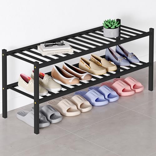Smiry Bamboo Shoe Rack for Closet, 2 Tier Long Wooden Shoe Organizer, Stackable Wood Shoe Storage Shelf for Entryway, 14 Vertical Slats, One-piece Heavy-Duty Legs, 33.86"x11.02"x12.99", Black - color: Black, size: 2 Tier - Long