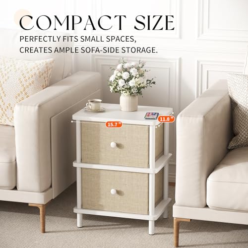 Apicizon Nightstand with 2 Drawers, Boho Side Table with Storage, White | Small End Table with Solid Wood Legs, for Small Spaces, Bedroom, Living Room, Entryway, Easy Assembly - color: White
