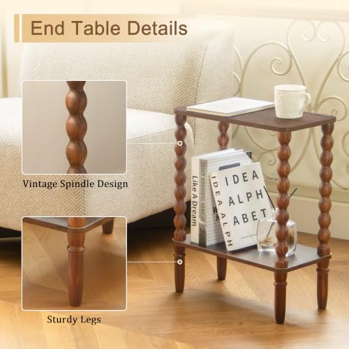 Fultyle Small Narrow End Table, Narrow Side Table Living Room with Storage, 2-Tier Wood Accent Table Slim Nightstand for Small Spaces, Office, Bedroom (Rustic Brown) - color: Rustic Brown