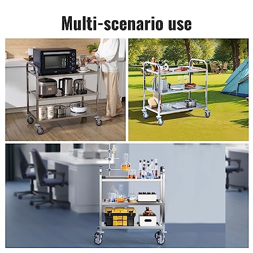 VEVOR Stainless Steel Cart, 3 Layers Lab Utility Cart 220 lbs Weight Capacity, Medical Cart with Lockable Universal Wheels, for Lab, Clinic, Kitchen, Salon