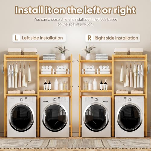 Cozivolife Over The Washer and Dryer Storage Shelf Bamboo,5 Tiers Laundry Room Drying Rack with Adjustable Shelves and 4 Hooks,Space Saver Organizer for Hanging Clothes and Towels (Natural) - color: Natural