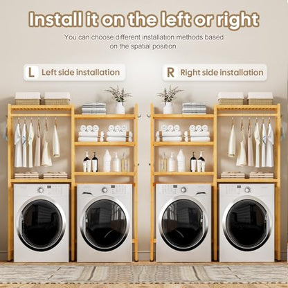 Cozivolife Over The Washer and Dryer Storage Shelf Bamboo,5 Tiers Laundry Room Drying Rack with Adjustable Shelves and 4 Hooks,Space Saver Organizer for Hanging Clothes and Towels (Natural) - color: Natural