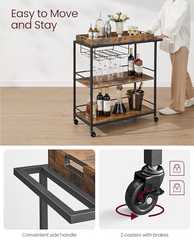 VASAGLE Kitchen Serving Cart with Removable Tray, 3-Tier Kitchen Utility Cart on Wheels with Storage, with Brakes, Leveling Feet, 15.7 x 34.6 x 37.8 Inches, Rustic Brown and Black ULRC093B01 - color: Rustic Brown + Black, size: 15.7"D x 34.6"W x 37.8"H