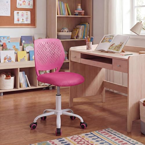 Costzon Kids Desk Chair, Armless Height Adjustable Kids Computer Chair w/Elastic Sponge Filling, Ergonomic Backrest & Stable 5-Point Wheels, Children Rolling Swivel Chair for Studyroom (Rose) - color: Rose