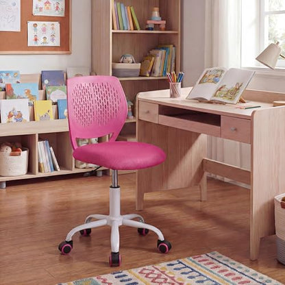 Costzon Kids Desk Chair, Armless Height Adjustable Kids Computer Chair w/Elastic Sponge Filling, Ergonomic Backrest & Stable 5-Point Wheels, Children Rolling Swivel Chair for Studyroom (Rose) - color: Rose