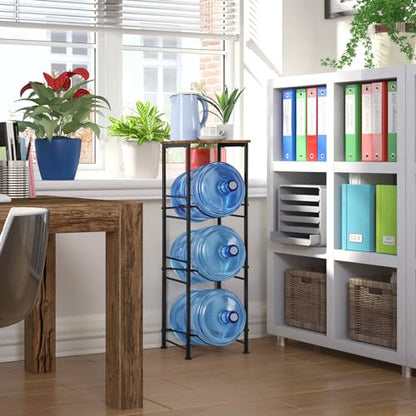 OYEAL 5 Gallon Water Bottle Jug Holder 3-Tier Water Bottle Holder Organizer with Top Shelf, Heavy Duty Water Dispenser Stand Rack for Kitchen Living Room Office, Rustic Brown - style: Round Tube Brown