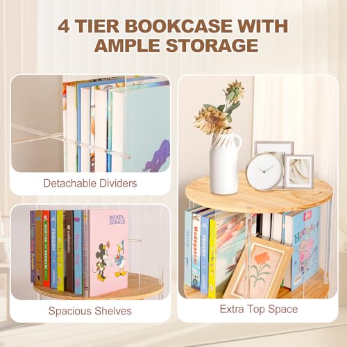 TAKEKIT 360° Rotating Bookshelf, 4-Tier Spinning Book Shelf Tower with Solid Wood & Clear Acrylic, Round Revolving Bookcase for Living Room, Bedroom and Office - color: Natural Round, size: 4-Tier