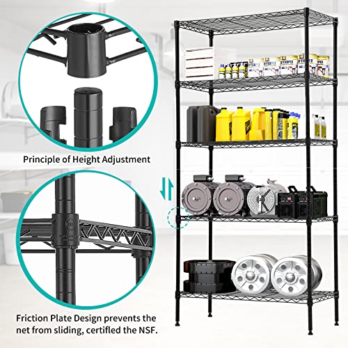 BLKMTY 5-Tier Heavy Duty Shelving, Steel Wire Shelving Unit, 1250 Lbs Capacity Adjustable Garage Shelves with Lockable Casters, 14 D x 30 W x 60 H, NSF Certified for Pantry Warehouse, Black - color: Black, size: 5 Tire: 13.9" D x 30" W x 61.2" H