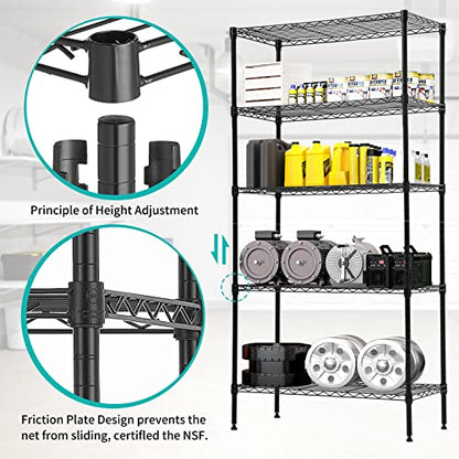 BLKMTY 5-Tier Heavy Duty Shelving, Steel Wire Shelving Unit, 1250 Lbs Capacity Adjustable Garage Shelves with Lockable Casters, 14 D x 30 W x 60 H, NSF Certified for Pantry Warehouse, Black - color: Black, size: 5 Tire: 13.9" D x 30" W x 61.2" H