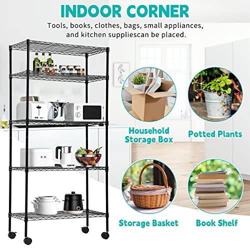 BLKMTY 5-Tier Heavy Duty Shelving, Steel Wire Shelving Unit, 1250 Lbs Capacity Adjustable Garage Shelves with Lockable Casters, 14 D x 30 W x 60 H, NSF Certified for Pantry Warehouse, Black - color: Black, size: 5 Tire: 13.9" D x 30" W x 61.2" H