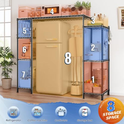 REIBII Mini Fridge Shelf with Storage,4-Tier Adjustable Shelves,665 lbs | With 8 Hooks,Fits Mini Fridge & Kitchen Appliances,Heavy Duty Steel Frame,Easy Tool-Free Assembly, Space-Saving,Dorm & Pantry - size: 52.2"H×50.12"W×18.2"D