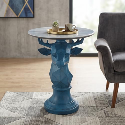 Modern Deer Head Sculpture Side Table, Round Metal End Table with Geometric Animal Base, Industrial Accent Table for Living Room, Bedroom, Office, Dark Bronze Finish - color: Deer - Blue Geometric
