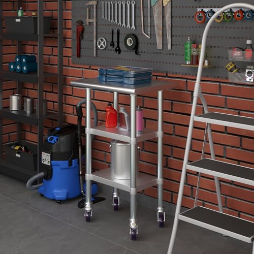 AmGood Stainless Steel Work Table with 2 Shelves and Casters | Metal Utility Table On Wheels (Stainless Steel Work Table with 2 Shelves + Casters, 24" Long x 18" Deep) - size: 24" Long x 18" Deep