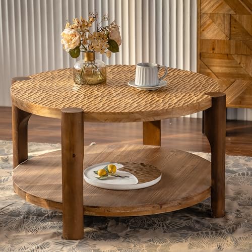 34.65'' Round Coffee Table 2-Tier for Living Room, Modern Mid-Century Circle Carved Handcrafted Solid Wood Coffee Table, Easy Assembly, Natural - color: Ø34.65''-natural Wood