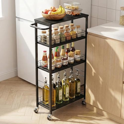 YBING Slim Storage Cart Kitchen Rolling Utility Cart on Wheels 4 Tier Mobile Narrow Cart with Wood and Metal Handle Slide Out Storage Shelving Unit Cart for Kitchen Living Room Small Places Black - color: Black