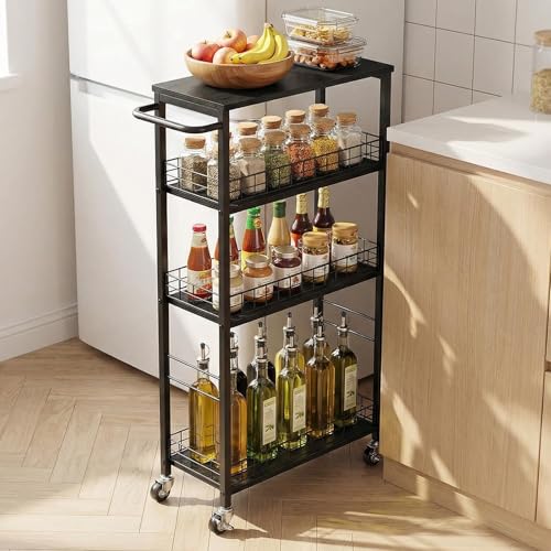 YBING Slim Storage Cart Kitchen Rolling Utility Cart on Wheels 4 Tier Mobile Narrow Cart with Wood and Metal Handle Slide Out Storage Shelving Unit Cart for Kitchen Living Room Small Places Black - color: Black