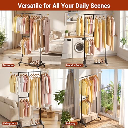 Rolling Clothing Rack with Bottom Storage Shelf & lockable Casters, Multi-tier Retractable Sturdy Garment Rack for Hanging Coats, Dresses - Ideal for Bedroom, Closet & Laundry Room ( Taller version ) - color: Multi-tier (67.3 H")