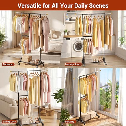 Rolling Clothing Rack with Bottom Storage Shelf & lockable Casters, Multi-tier Retractable Sturdy Garment Rack for Hanging Coats, Dresses - Ideal for Bedroom, Closet & Laundry Room ( Taller version ) - color: Multi-tier (67.3 H")