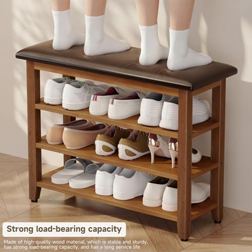 Shoe Bench with Leather Cushion,Rubberwood Bench with Shoe Rack | 3-Tier Shoe Storage Organizer for Entryway,Hallway,Living Room - size: 3-Tier-31.5"