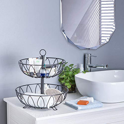 2 Tier Fruit Basket Bowl, Vegetable Organizer, Metal Black | Space-Saving, Home Fruit Rack Stand for Countertop, Storage Bread, Snacks, Fits Under Cabinets - color: 2 Tier-Black