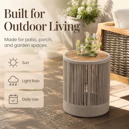 IRONORA Outdoor Rattan Rope & Acacia Wood Side Table - Patio Balcony Furniture for Garden, Yard, Balcony - Weather Resistant - color: 15-inches Beige