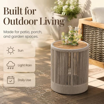 IRONORA Outdoor Rattan Rope & Acacia Wood Side Table - Patio Balcony Furniture for Garden, Yard, Balcony - Weather Resistant - color: 15-inches Beige