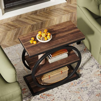Tribesigns End Table, Narrow End Table with 3 Storage Shelves, Wood Side Table with Black Metal Frames, Industrial Small Sofa Side Table for Living Room, Slim Nightstand and Bedside Table for Bedroom - color: Brown