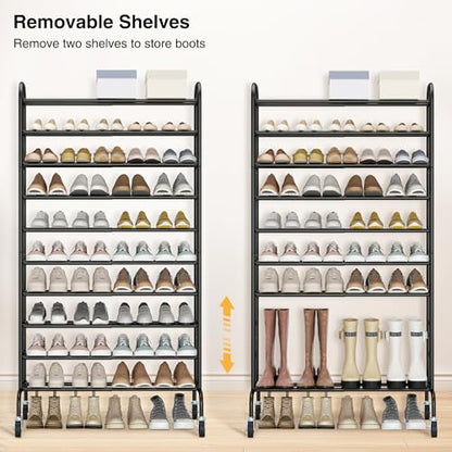 STO STO Expandable Shoe Rack, 10-Tier Metal Tall Shoe Rack for Garage, Up to 44 Pairs Adjustable Shoe Rack Storage for Front Door Entrance, Free Standing Shoe Rack Organizer for Entryway, Black - size: 10-Tier