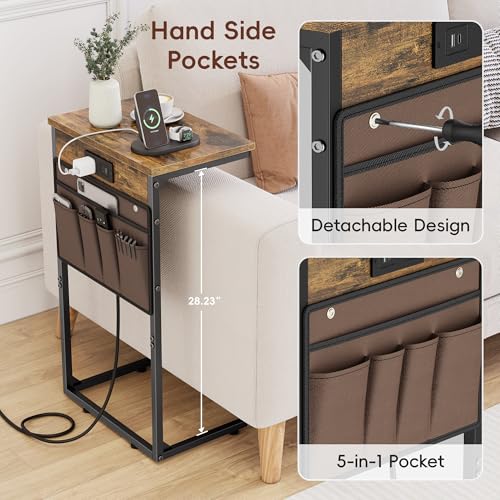 C Shaped End Table with Charging Station, 28" Tall Couch Side Table, Sofa Table Beside Table, Slide Under Sofa Arm C Table for Small Spaces, TV Tray Table for Living Room, Bedroom, Brown - color: Rustic Brown