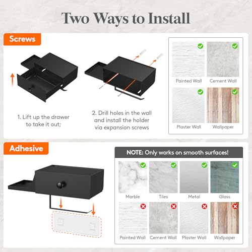 Lifewit Plastic Toilet Paper Holder with Shelf and Drawer, Screw or Adhesive Wall Mount Tissue Roll Storage, Sturdy Bathroom Wipes Dispenser Organizer, Black, 1 Pack - color: Black
