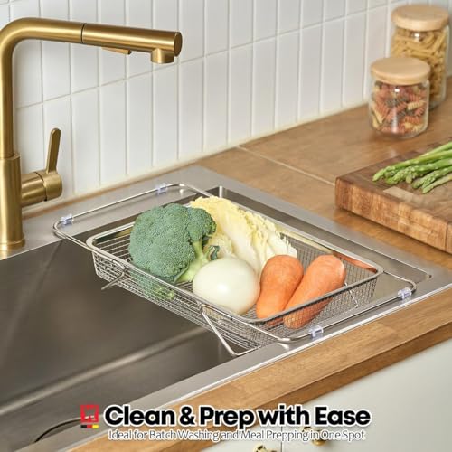 WAGENSTEIGER Extendable Dish Rack with Feet, Vegetable Colander Basket, Stainless Steel Dish or Silverware Drying Rack, Ultimate Kitchen Organizer Over the Sink (12.99 x 9.65 x 2.76 Inches) - size: 12.99 x 9.65 x 2.76 Inches