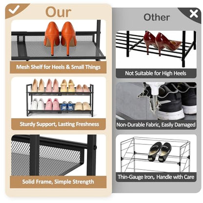 Expandable Shoe Rack, 2 Tier Adjustable Shoe Organizer with Flat & Slant Dual Use Design, Space Saving Shoes Stand for Closet & Entryway, Sturdy Dense Metal Grid Shoe Holder for High Heels, Sneakers