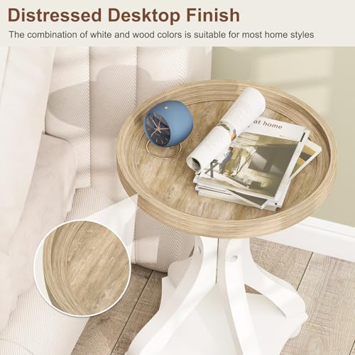 Accent Wood Farmhouse End Table, Set of 2 Round Side Tables, Nightstand Natural Tray Top and Distressed Carved Legs for Bedroom Living Room, White - size: 2-pcs, style: Round