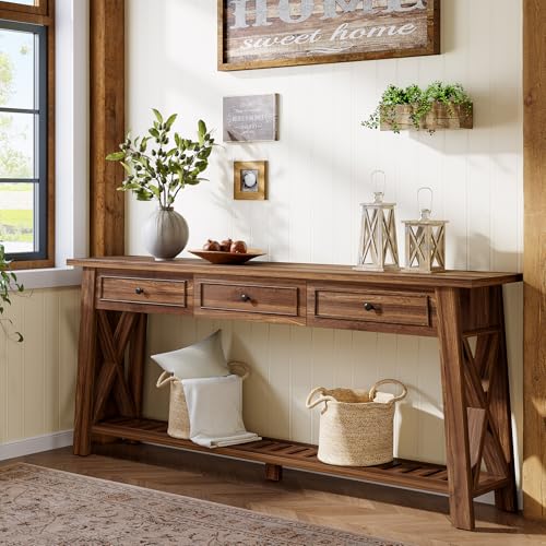 Tribesigns Console Table with 3 Storage Drawers, 70.87 Inches Extra Long Sofa Table Behind Couch with Bottom Shelf, Farmhouse Wooden Entryway Hallway Foyer Table for Living Room, Entrance (Walnut) - color: Walnut