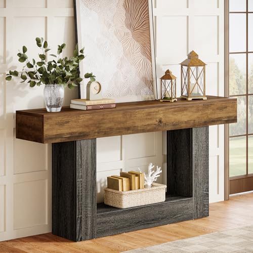 Tribesigns 63-Inch Long Console Table, 2-Tier Entryway Table Sofa Table with Storage, Farmhouse Wood Behind Couch Tables for Living Room, Hallway, Rustic Brown & Gray - color: Rustic Brown & Gray